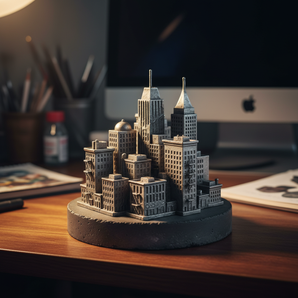 Detailed miniature cast city-block sculpture on a solid base on a desk, studio light