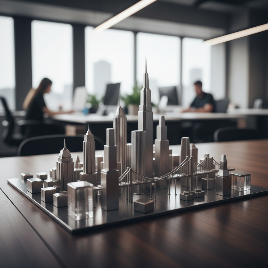 City-model desk sculpture with a blurred office behind it, shallow focus