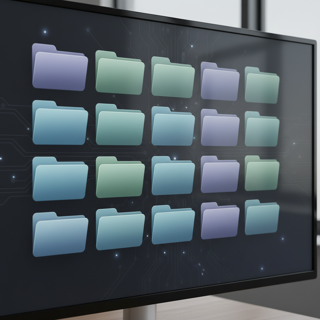 Close-up of a tidy digital file dashboard on screen, organized folder grid