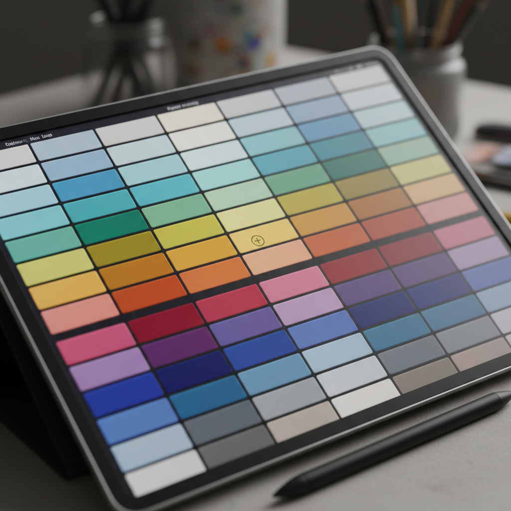Close-up of a digital palette board with color chips on screen