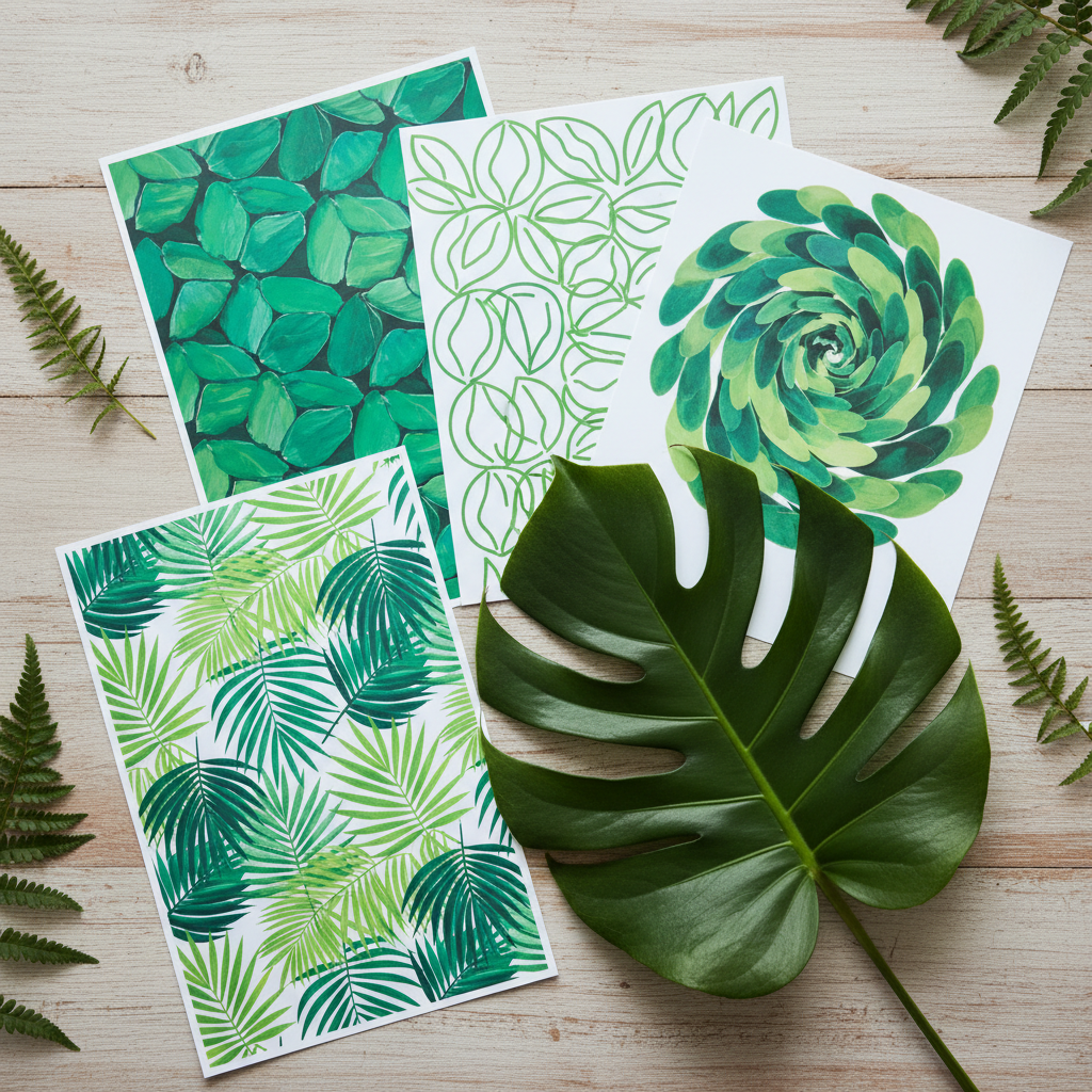 Flat-lay of printed green-design guide pages with a leaf, top-down