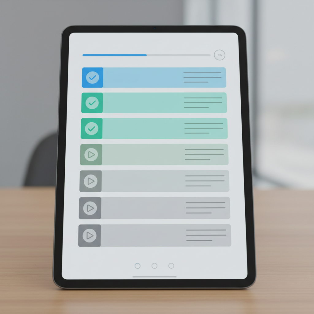 Tablet showing a course lesson list layout, generic rows