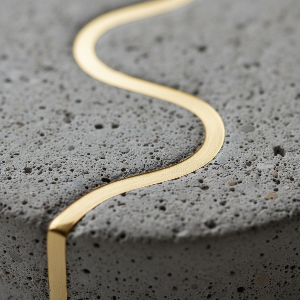 Close-up macro of brass inlay line meeting grey concrete texture