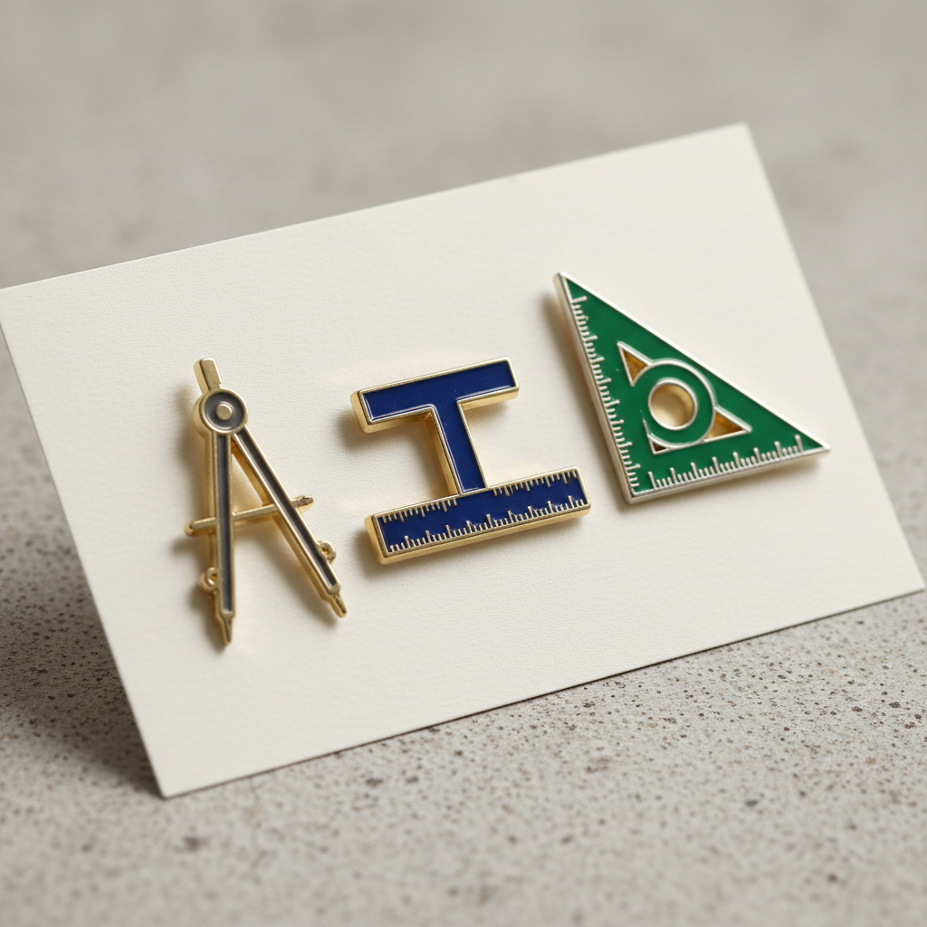 Three hard-enamel lapel pins with architectural tool shapes on a neutral card, studio light