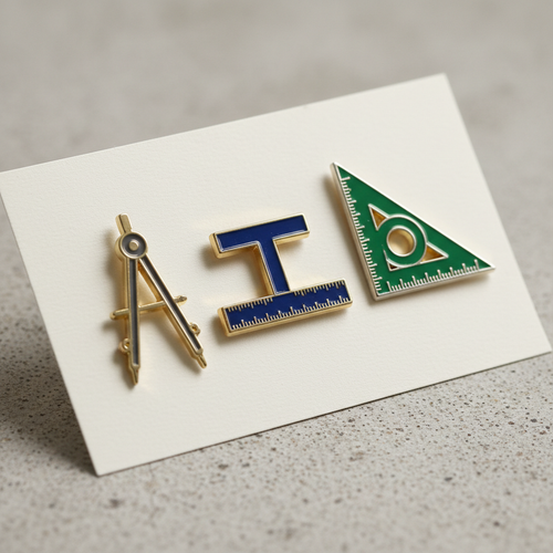 Three hard-enamel lapel pins with architectural tool shapes on a neutral card, studio light