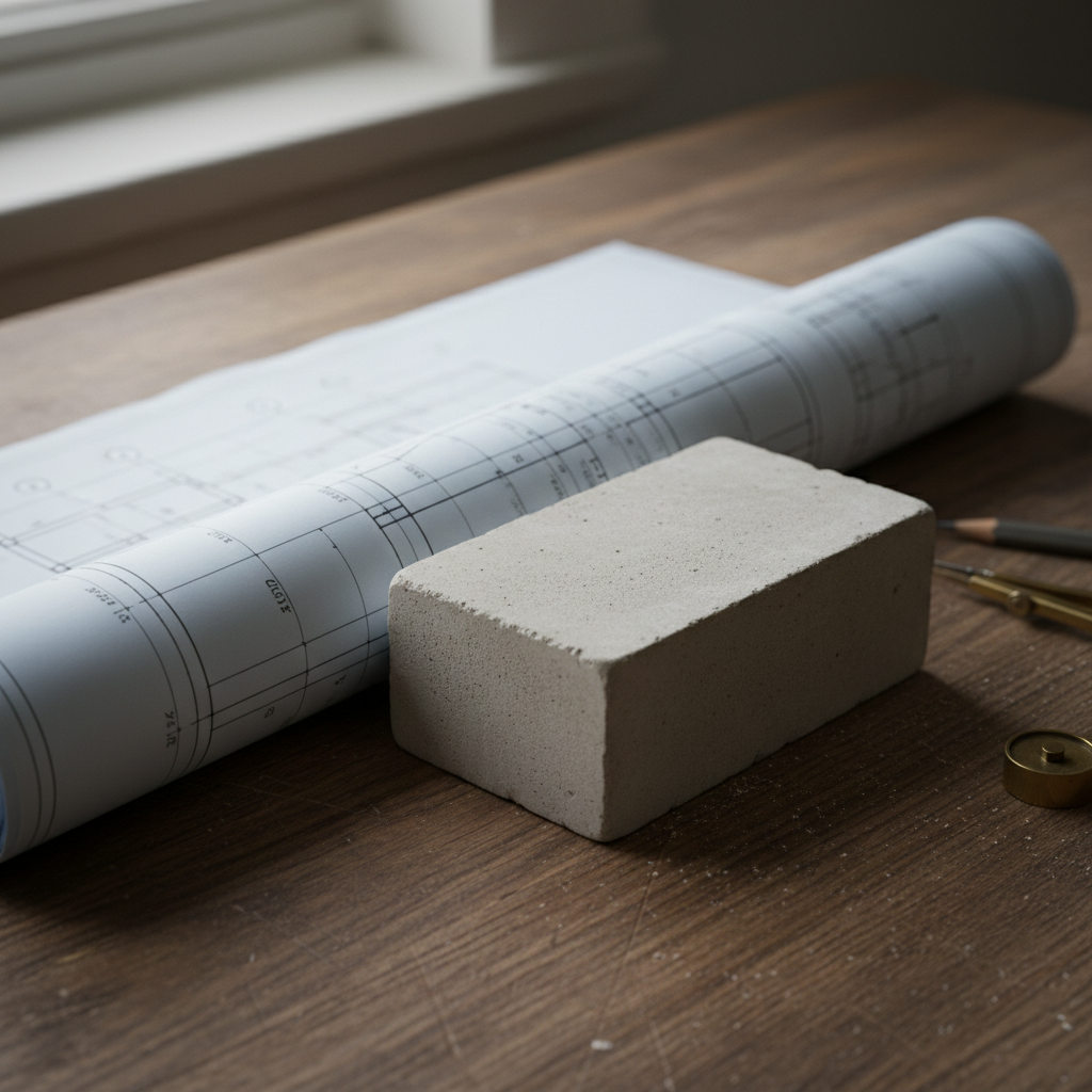 Concrete paperweight holding down a rolled architectural drawing on a wooden desk