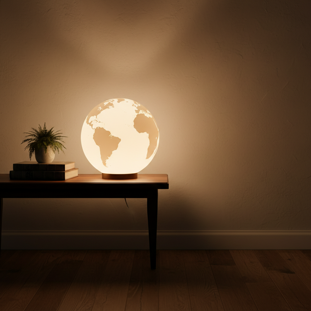 Globe lamp on an entry table casting soft light on a wall