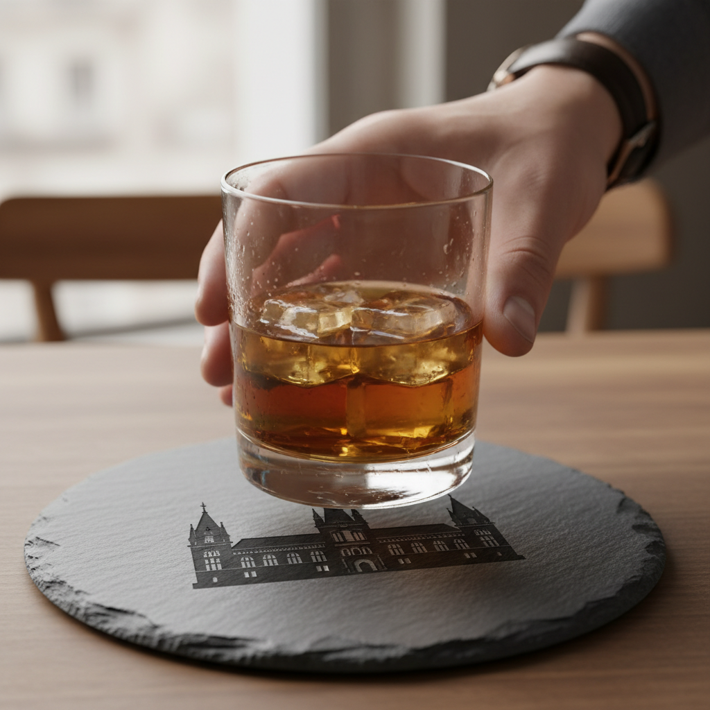 A hand setting a glass onto a slate coaster with an etched building silhouette, shallow focus