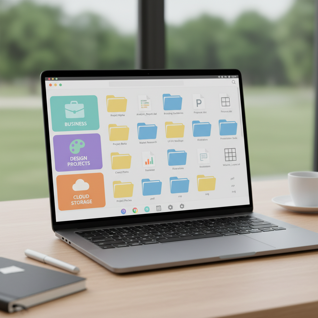Laptop screen showing an organized suite of business and design files, clean desk