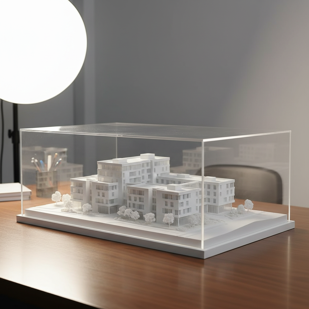 Finished white scale-model diorama under a clear display case on a desk, studio light