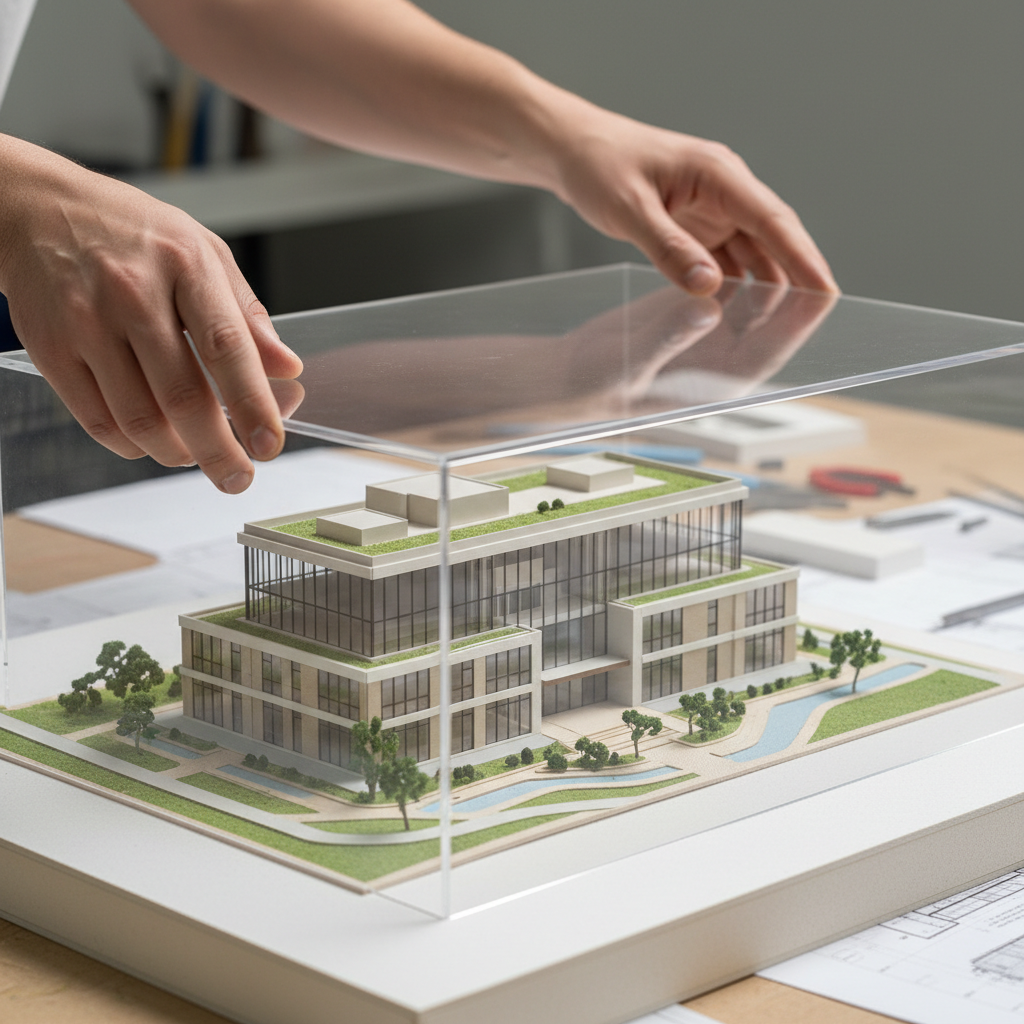 Hands placing a clear display case over a finished architectural scale diorama