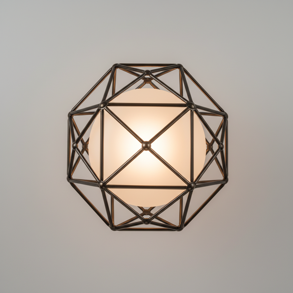 Top-down view of a spherical lamp in a geometric metal frame, studio light