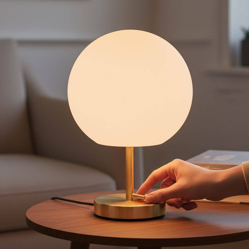 A hand adjusting a dimmable frosted globe table lamp, shallow focus