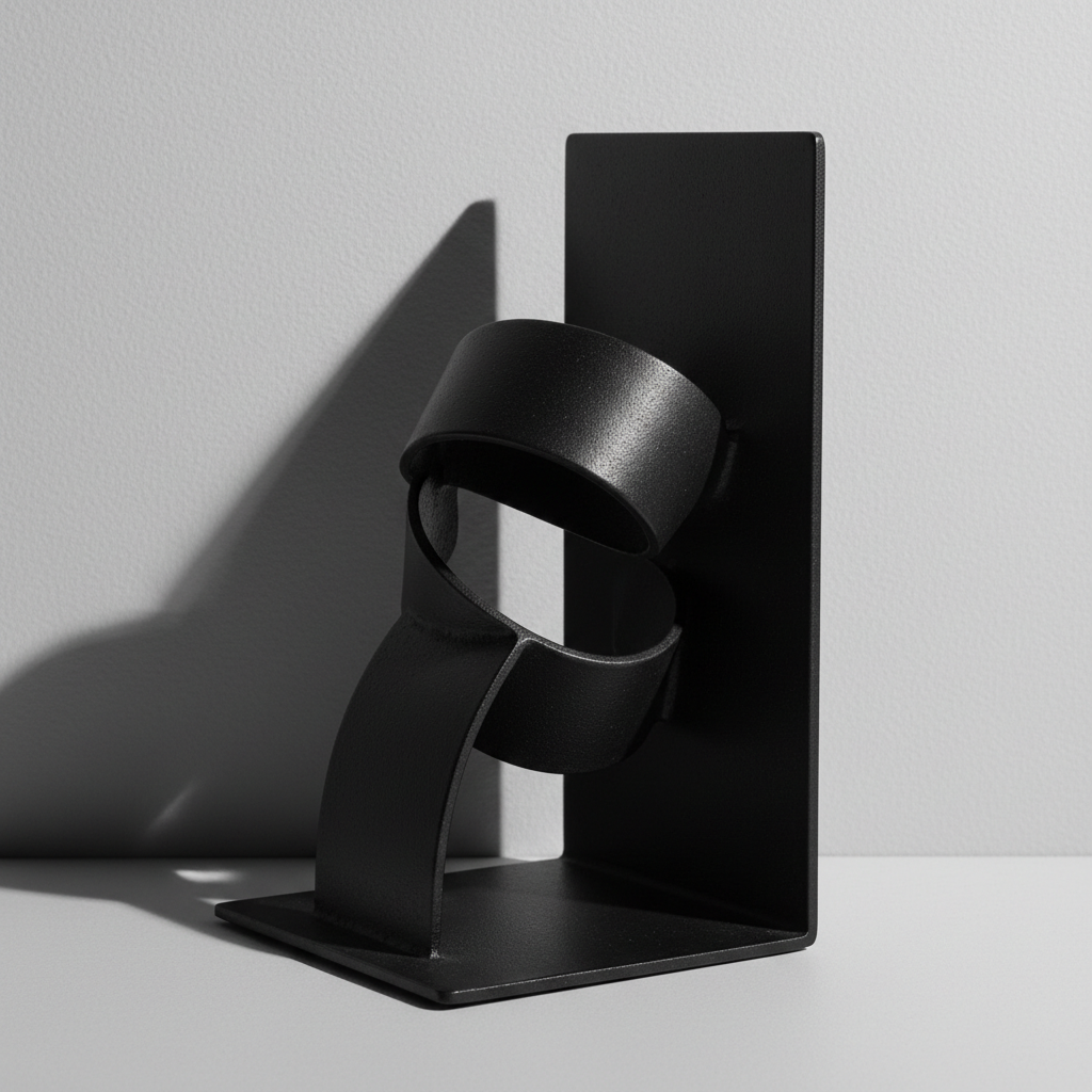 Close-up of one sculptural matte-black cast-metal bookend against a plain wall, dramatic light