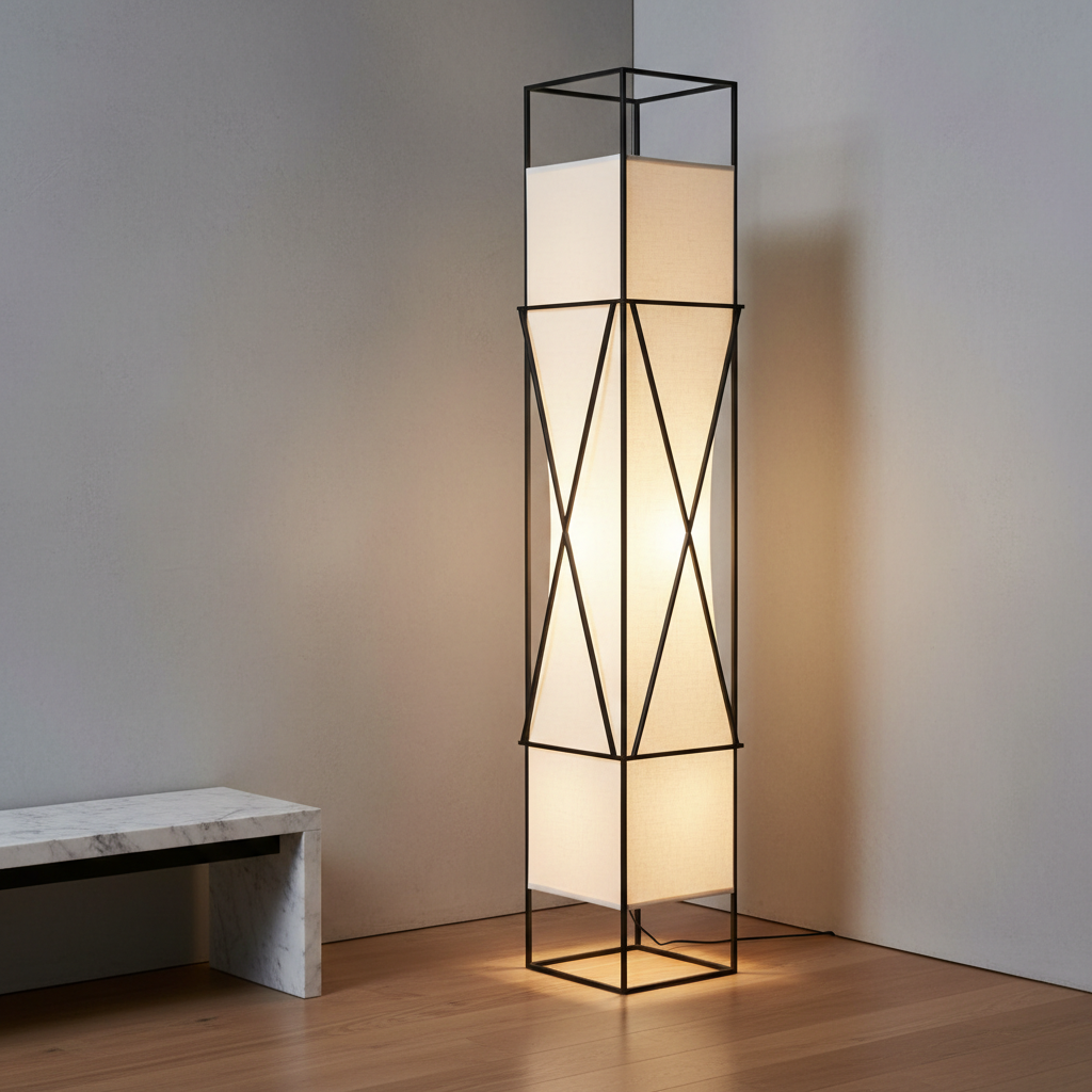 Tall angular sculptural floor lamp with a linen diffuser glowing in a minimalist room corner