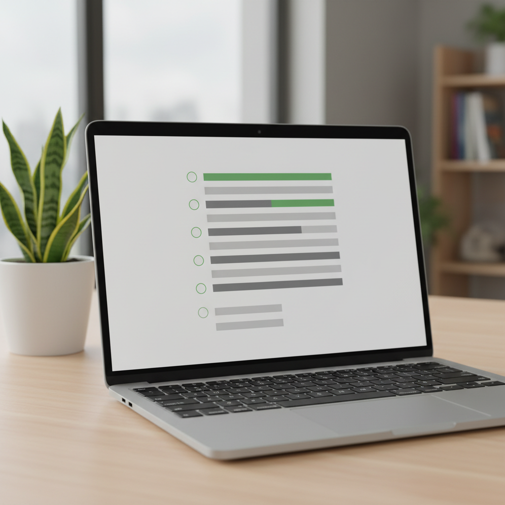 Laptop showing a clean sustainability checklist layout, plant on desk