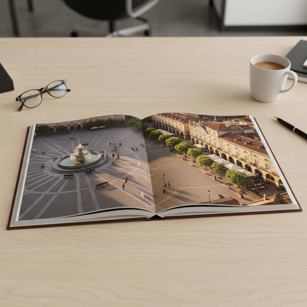 Printed photo-book spread of a public plaza on a desk, top-down