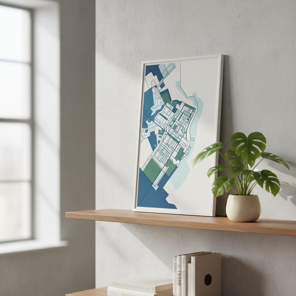 Minimalist map-art print propped on a shelf beside a plant, shallow focus
