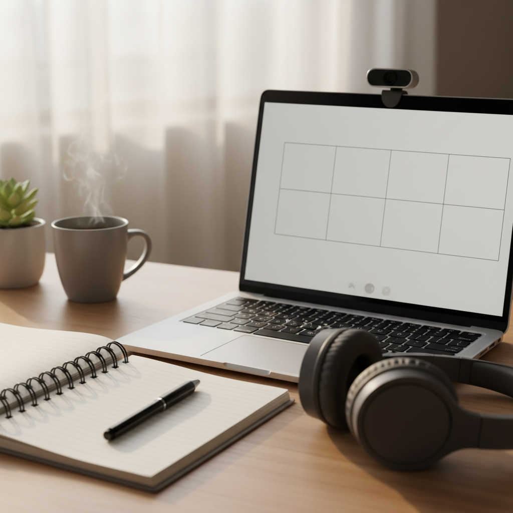Close-up of a notebook and laptop set up for online learning