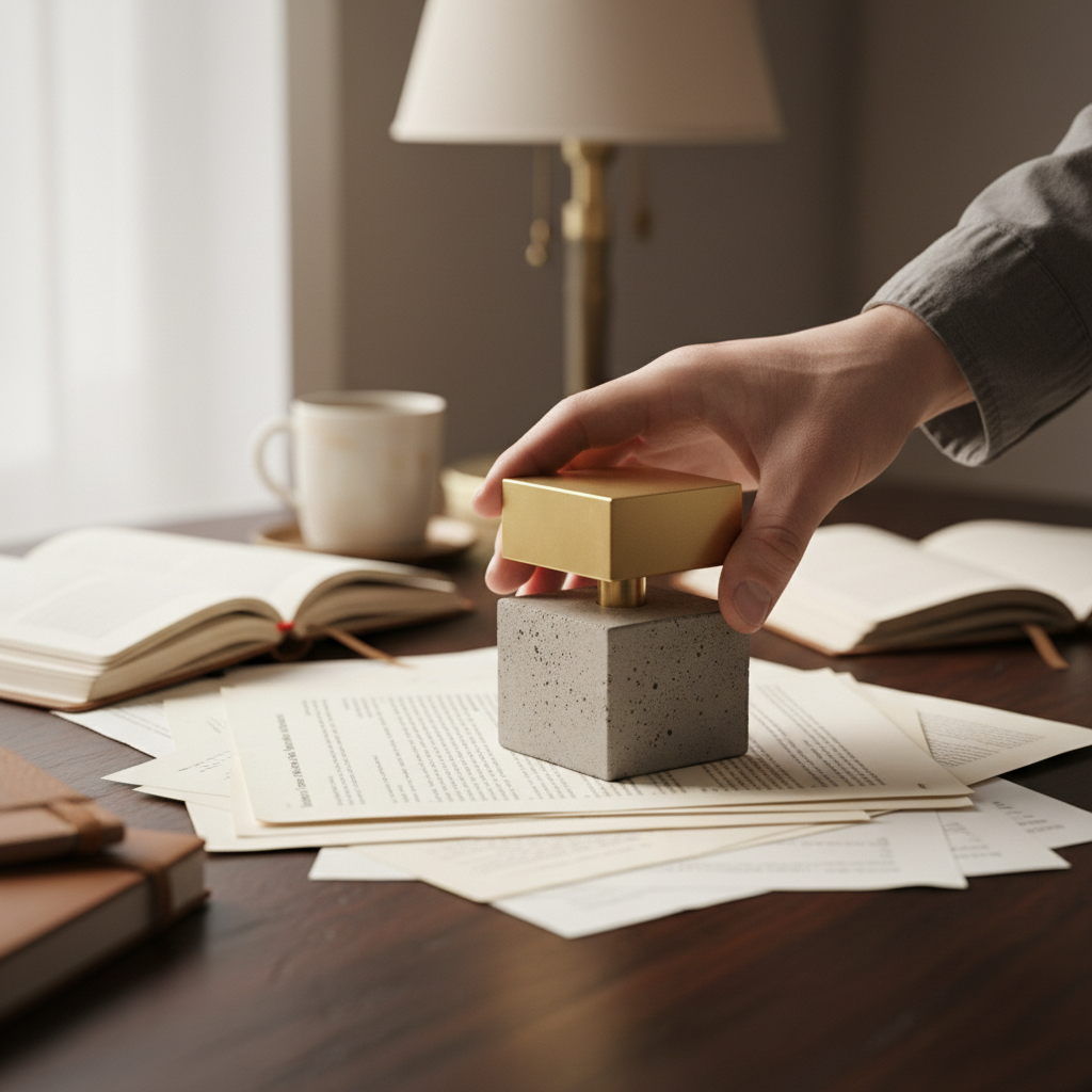 A hand placing a concrete paperweight onto papers on a desk, shallow focus