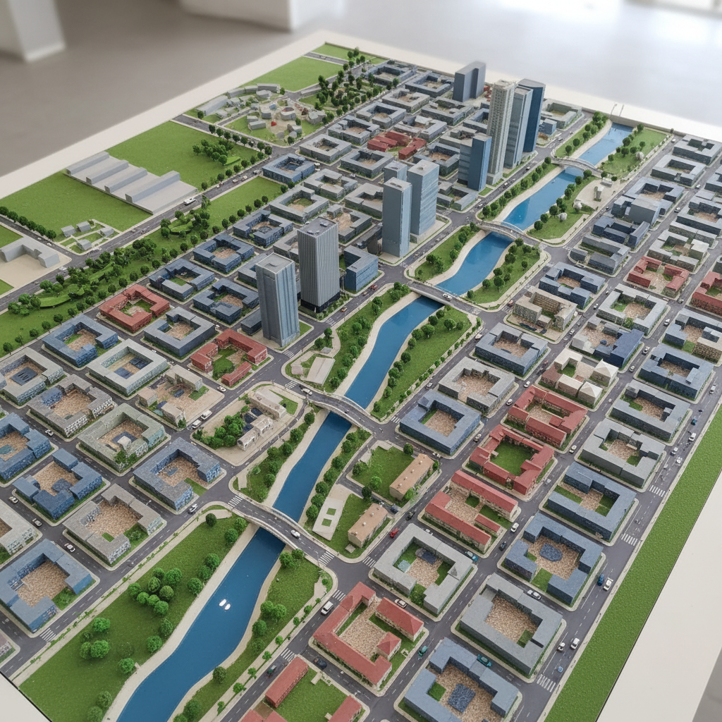 Top-down view of a scale site diorama showing streets and city blocks
