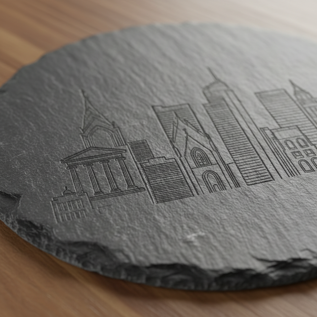 Close-up macro of the etched building silhouette and slate texture of a coaster