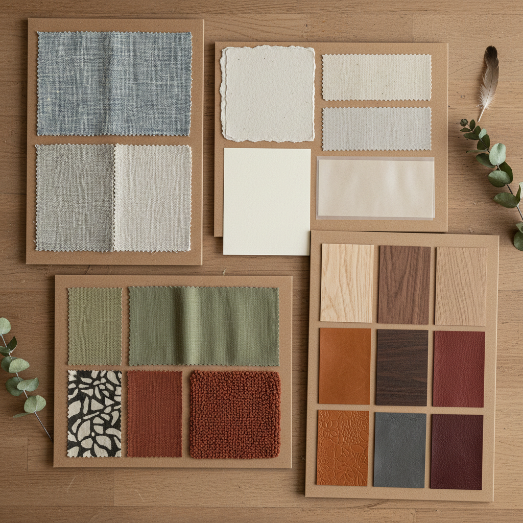 Flat-lay of printed material swatch boards on a desk, top-down