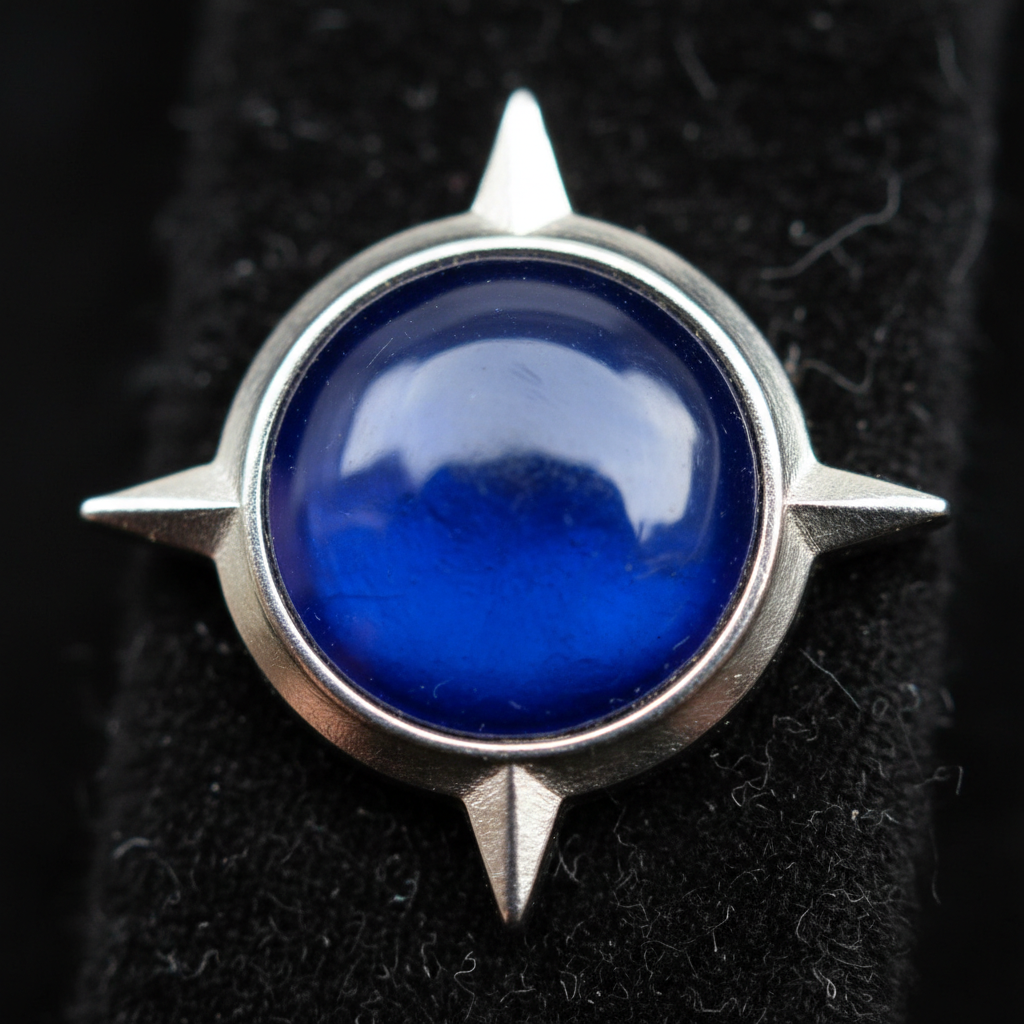 Close-up macro of the glossy enamel and metal edge of a compass-shaped lapel pin