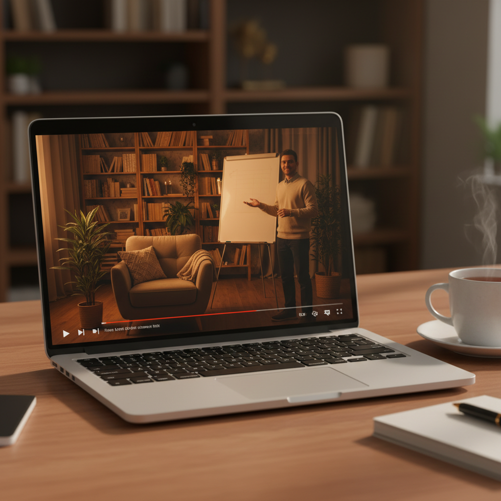Laptop on a desk showing a paused career-course video with a studio scene, cozy warm light