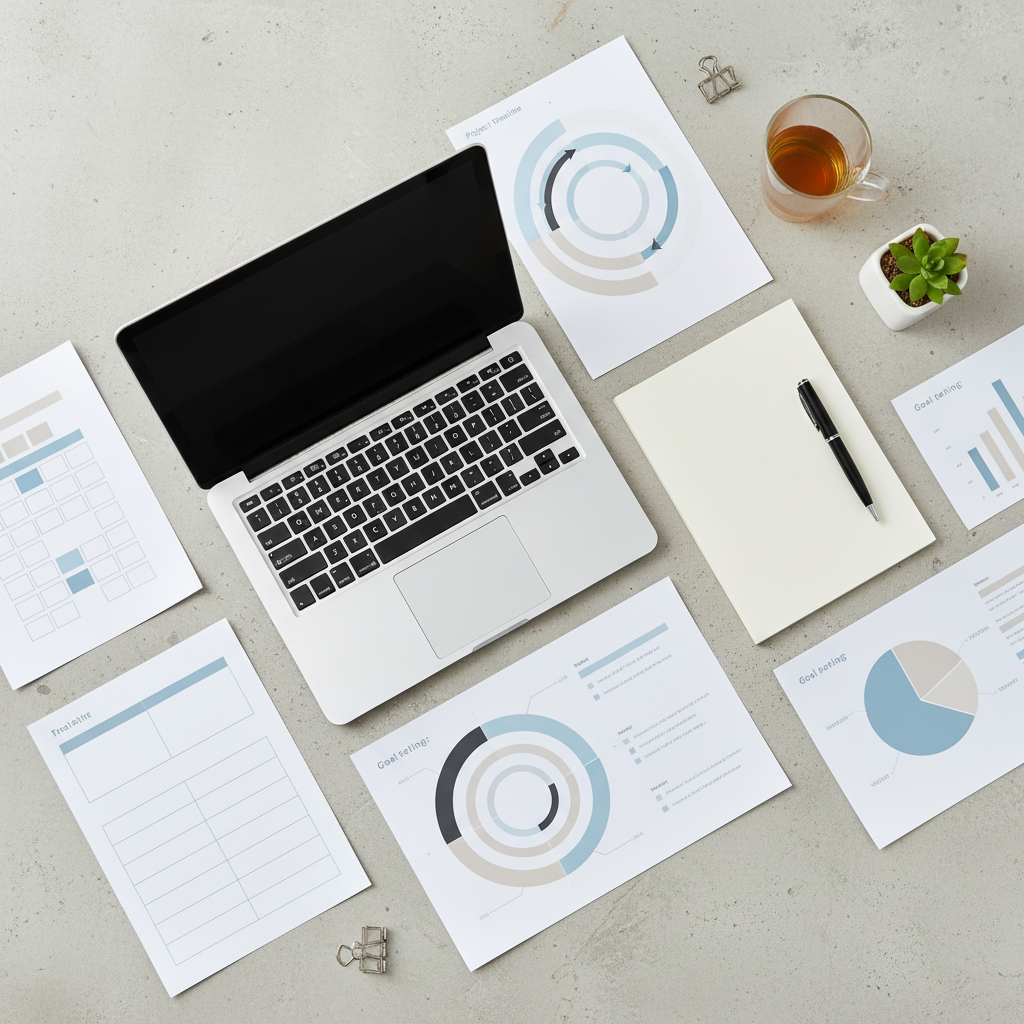 Flat-lay of a laptop, notebook, and printed templates representing a full business toolkit, top-down