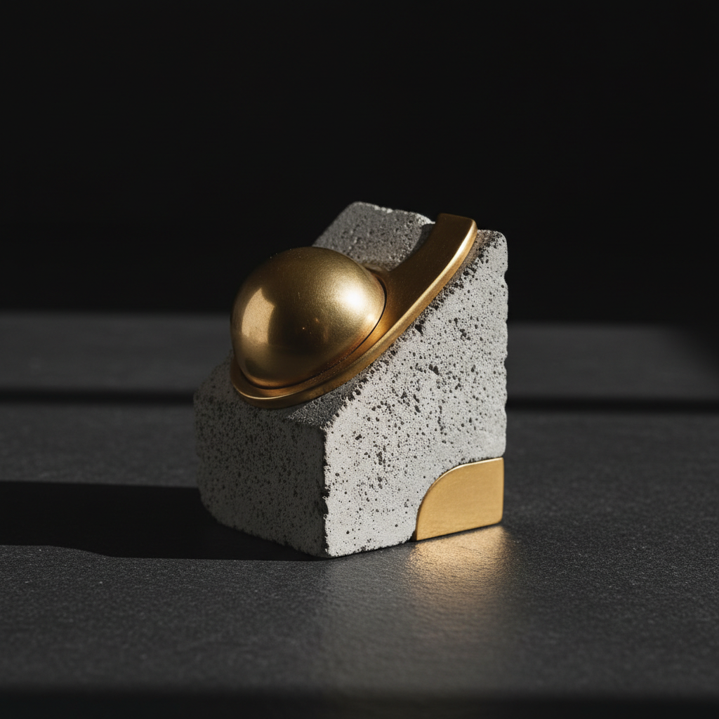 Concrete and brass paperweight on a dark surface with dramatic side light