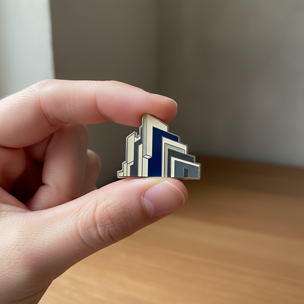 A hand holding a small architectural enamel lapel pin between fingers, soft light