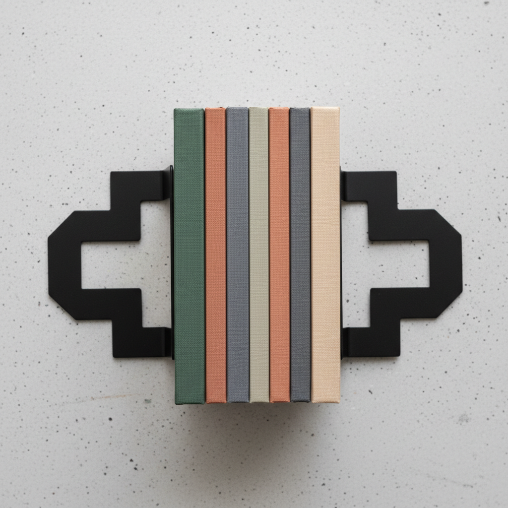 Top-down view of two matte-black architectural bookends flanking a small stack of books