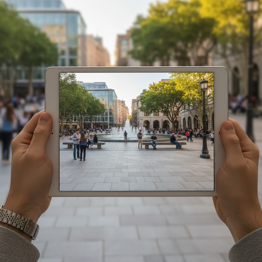 Close-up of a tablet displaying a civic-space photograph of a plaza