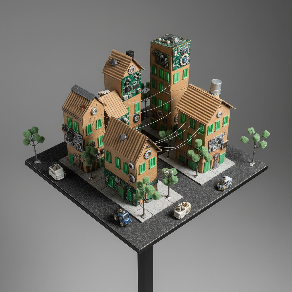 Top-down view of a miniature city block sculpture