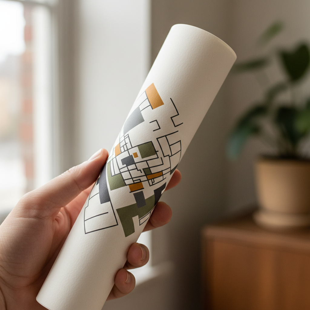 A hand holding up a rolled minimalist map-art print, soft light