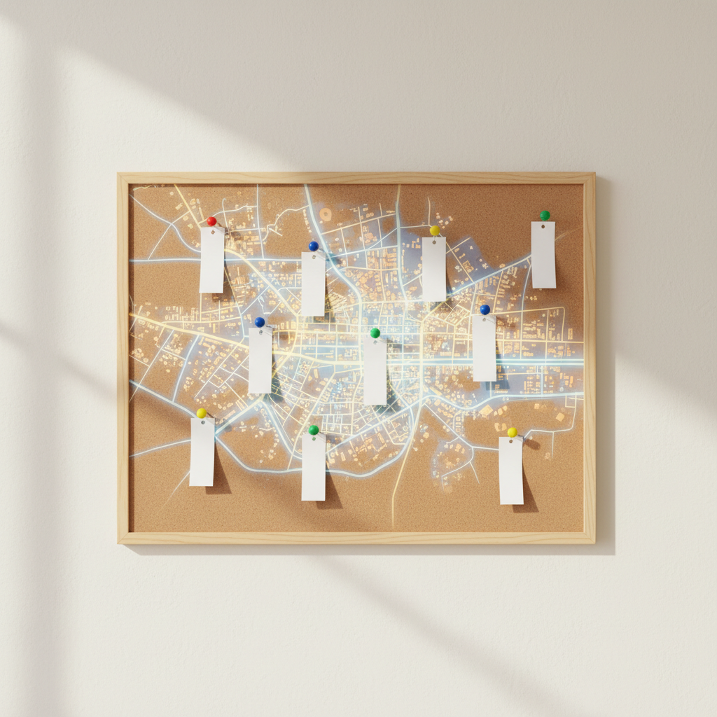 Framed cork pinboard with abstract street-grid pattern on a studio wall with colored pins