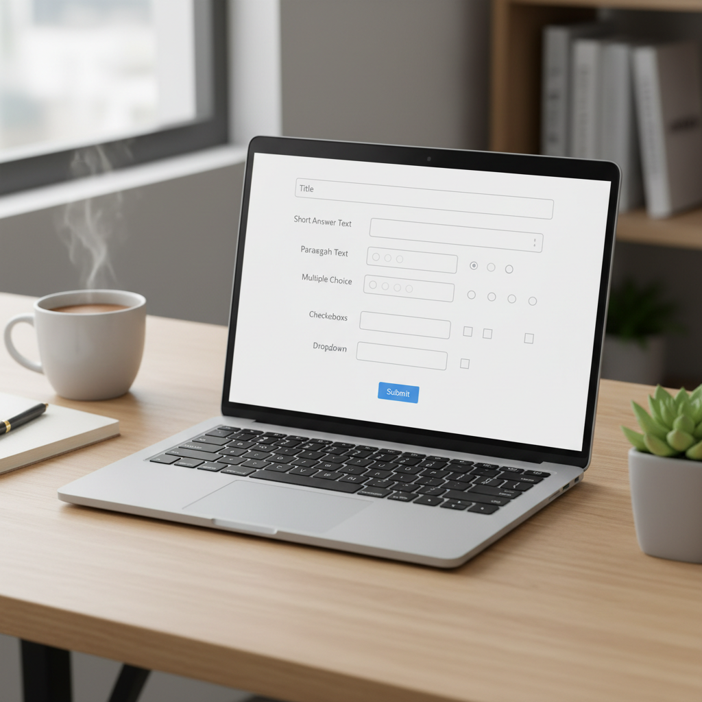 Laptop showing an editable survey form template, desk setting