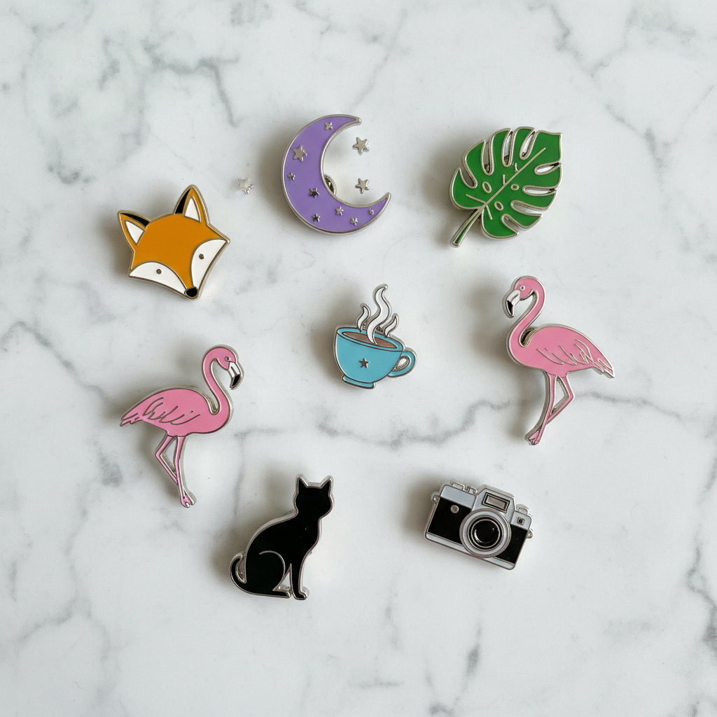 Flat-lay of enamel pins scattered on a marble surface, top-down
