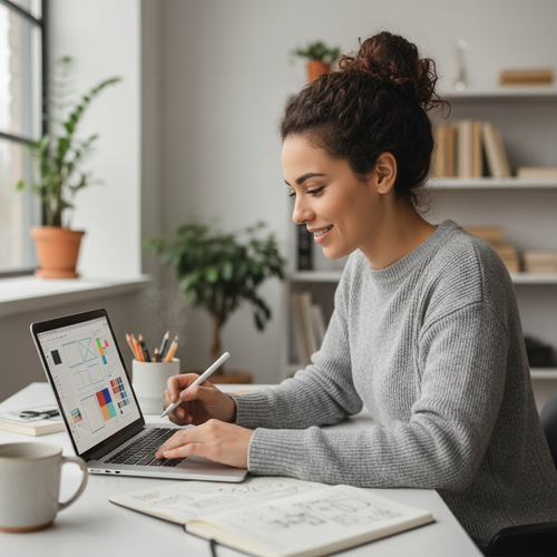 Young designer at a laptop taking notes, framed like a course thumbnail