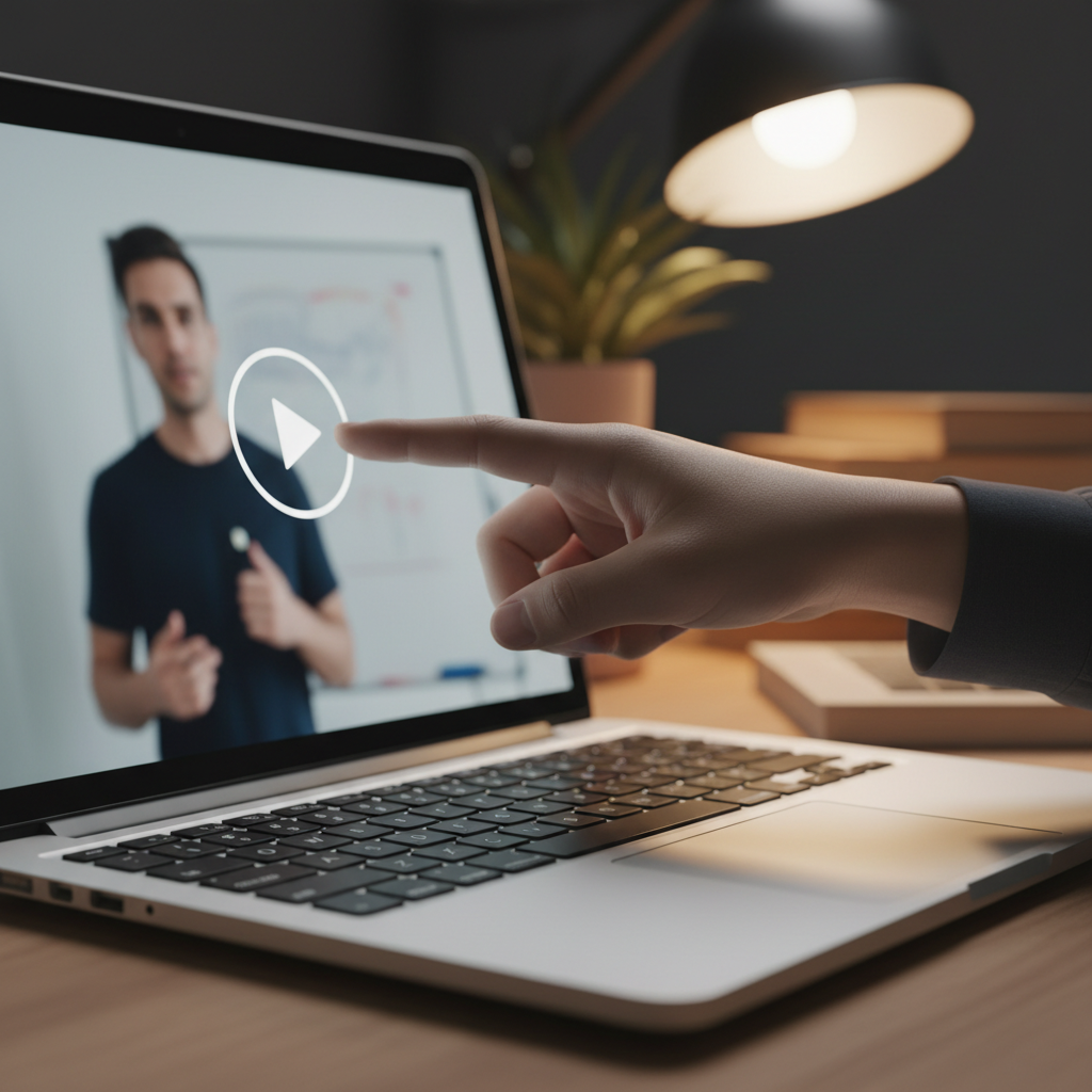 A hand pressing play on a video course on a laptop, shallow focus