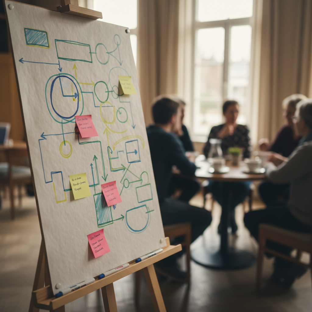 Printed feedback poster on an easel in a community room, soft light