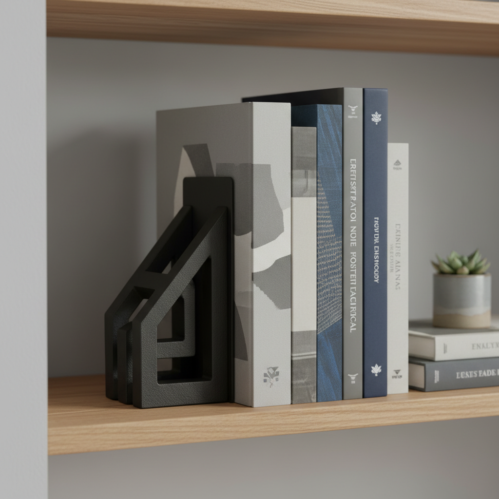 A pair of matte-black architectural cast-metal bookends holding design books on a shelf, soft light