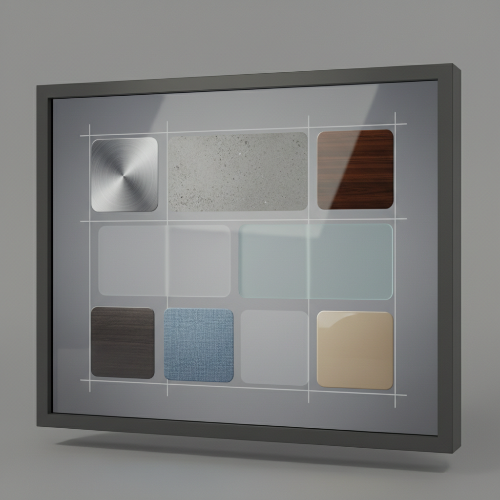 Close-up of a materials-guide layout on screen