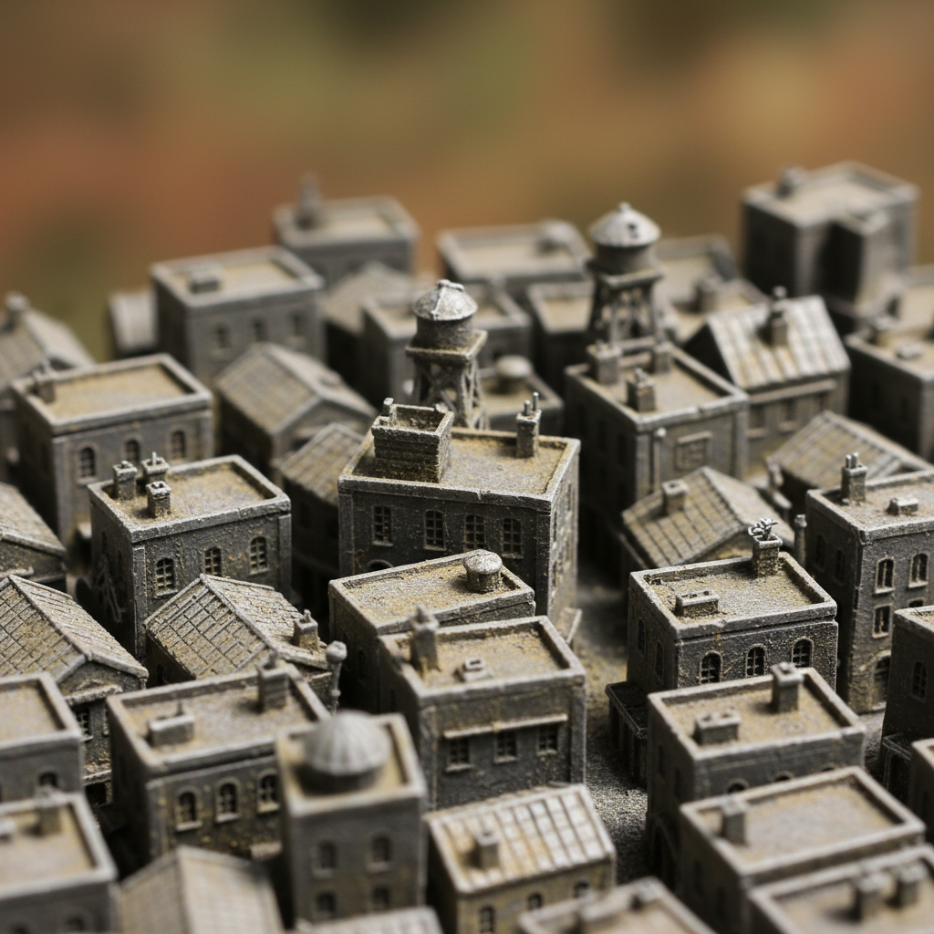 Close-up macro of the tiny cast rooftops of a city model sculpture
