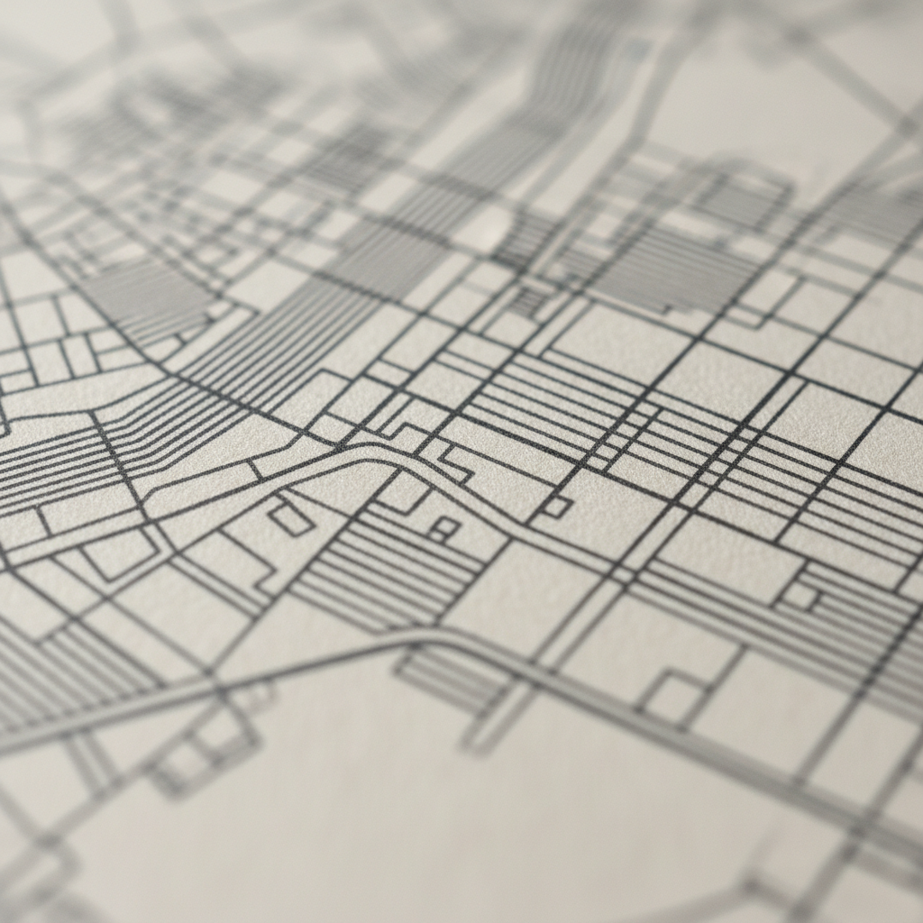Close-up of fine line-work on a minimalist city-map art print, macro