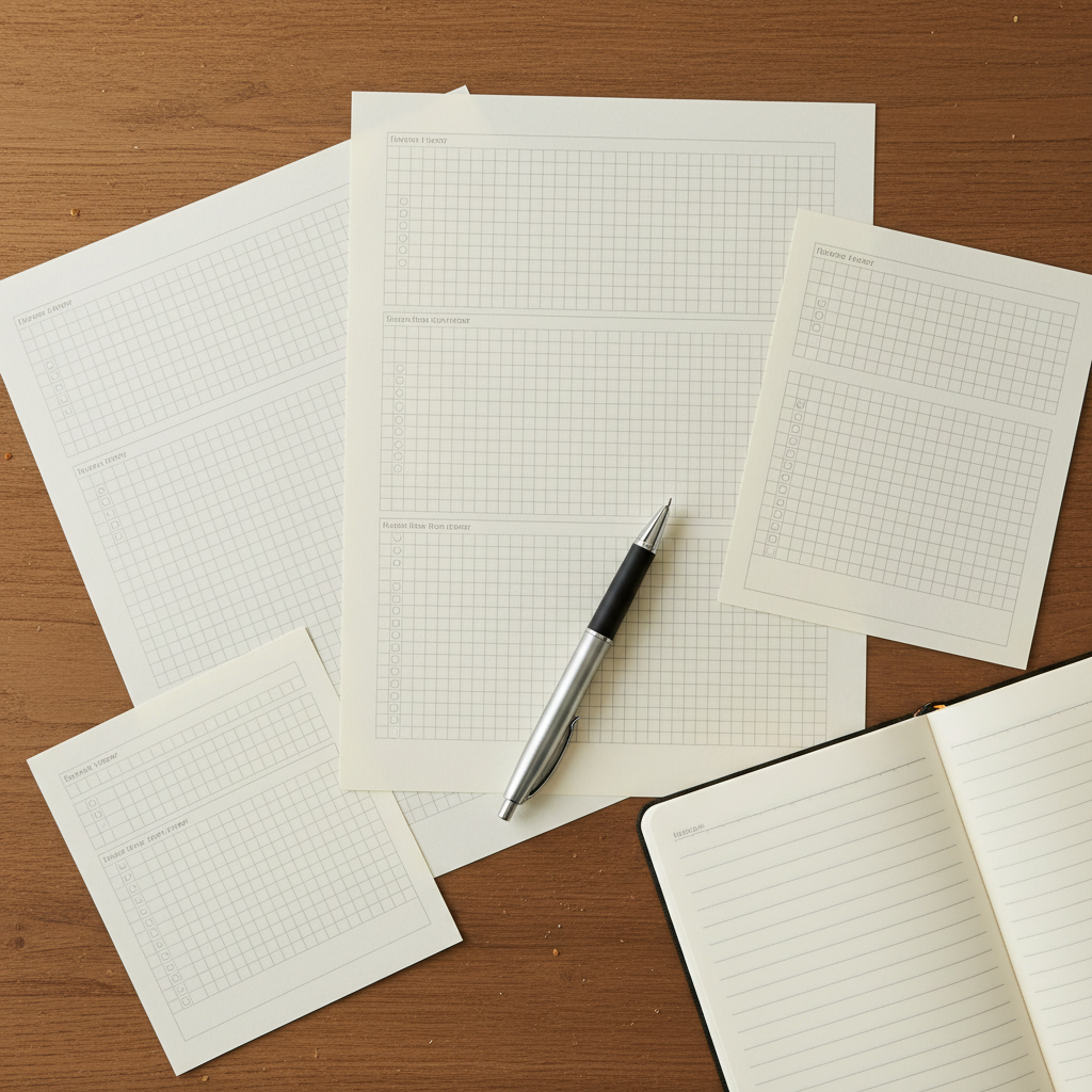 Flat-lay of printed survey pages and a pen, top-down
