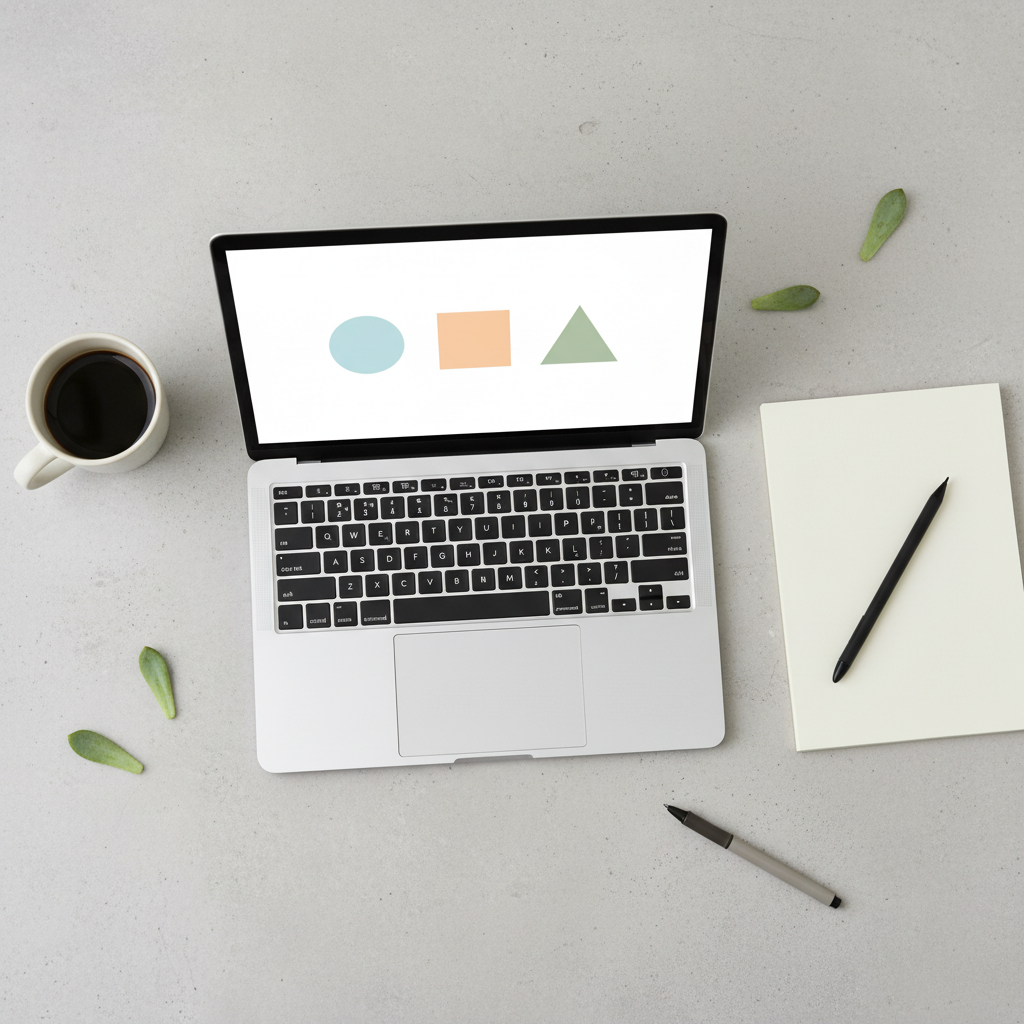 Flat-lay of a laptop and notebook with a minimalist slide deck open, top-down