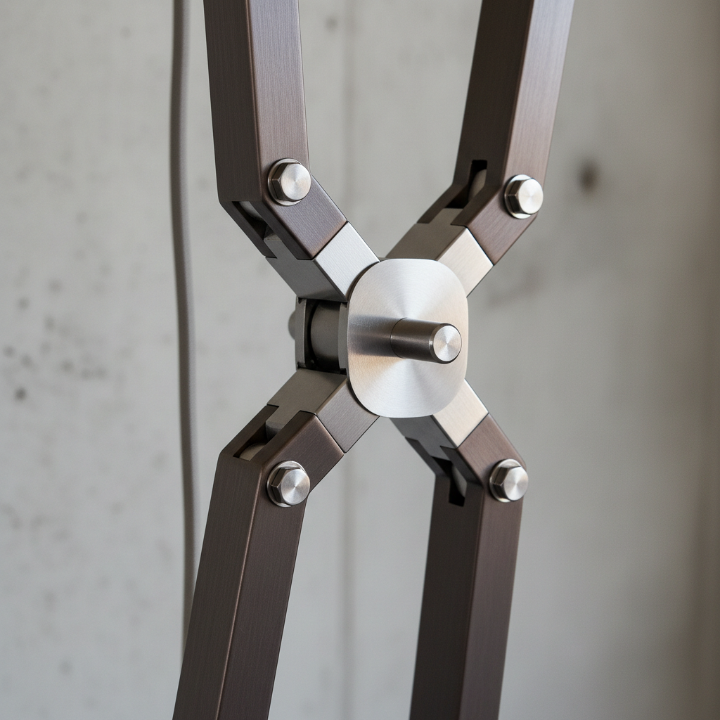 Close-up of the angular metal armature joints of a designer sculptural floor lamp