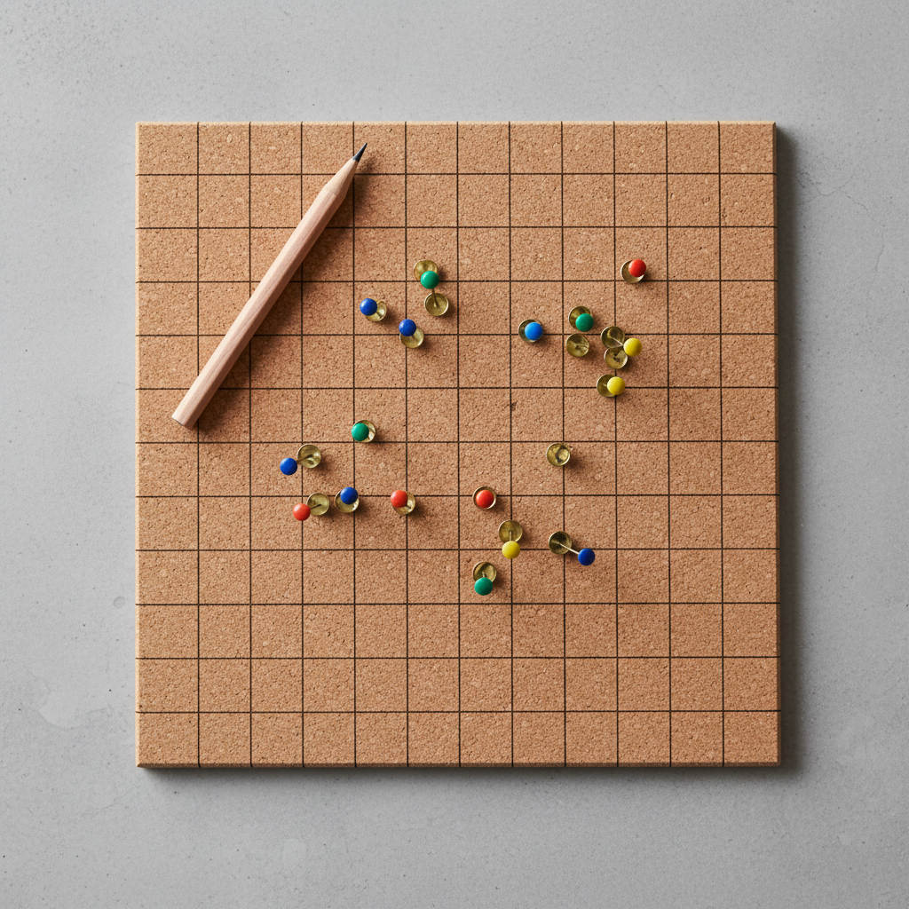 Flat-lay of a cork grid board with scattered pins and a pencil, studio light